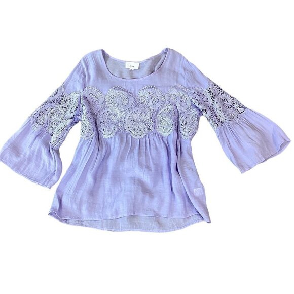 Fyve BOHO Lagenlook Top Bell Sleeve Crochet Accent Sz M Purple 253G - Picture 1 of 8